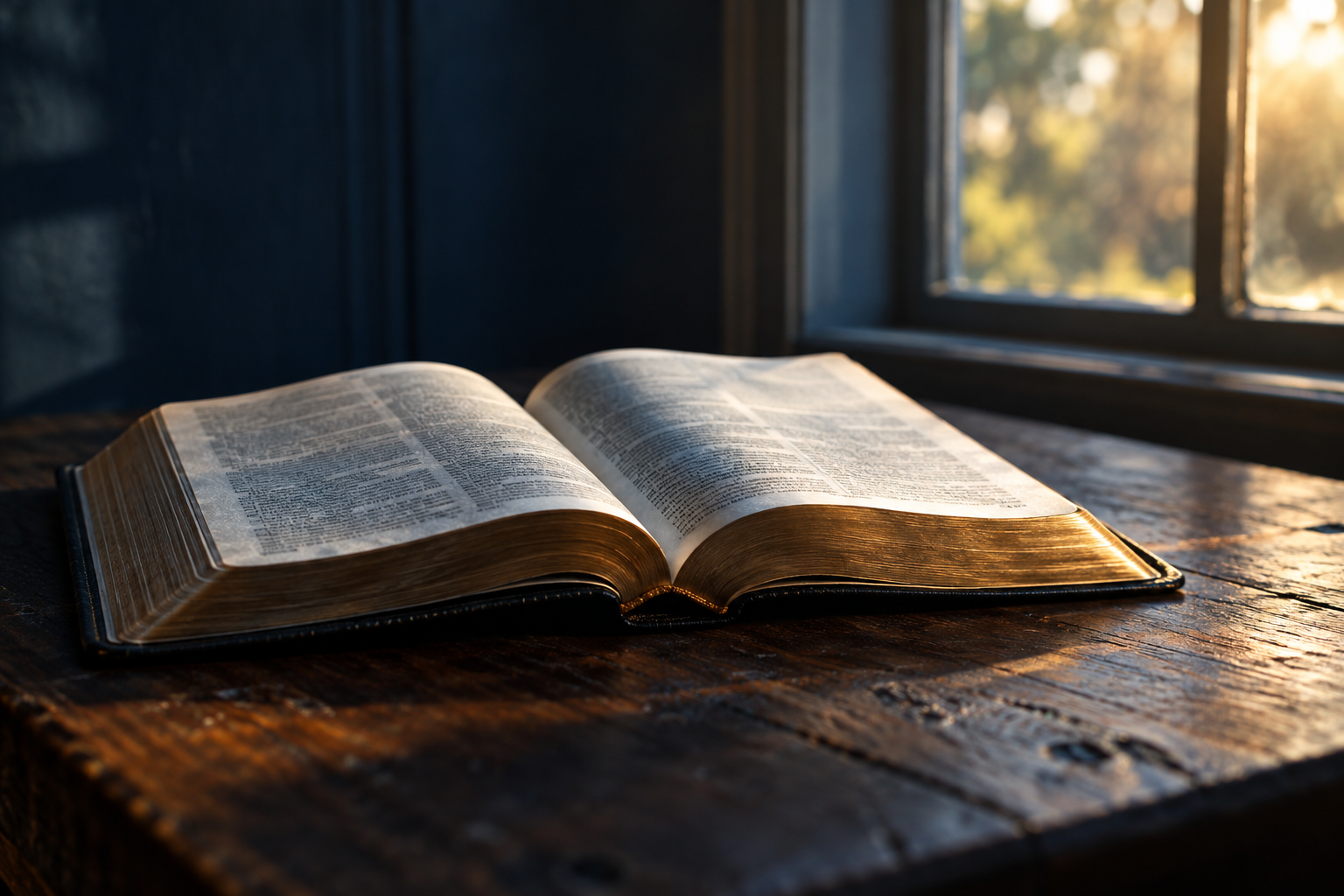 An open Bible illuminated by window light